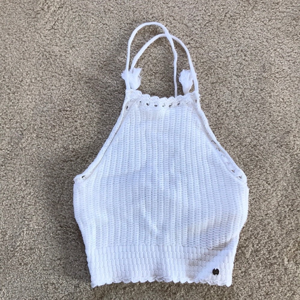 Halter crop top crochet fabric adjustable white
